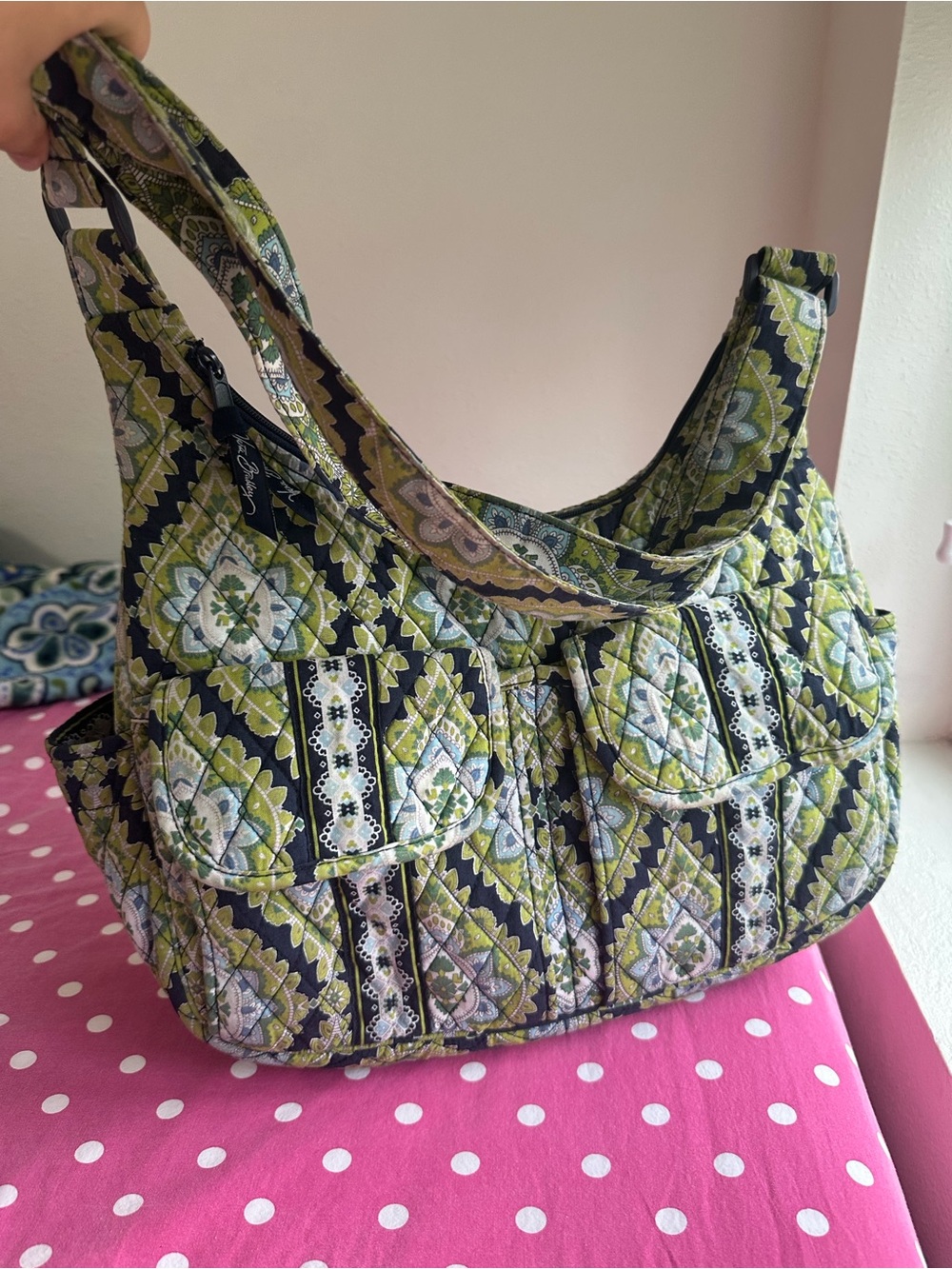 Quilted Floral Pattern Shoulder Bag in Olive Green